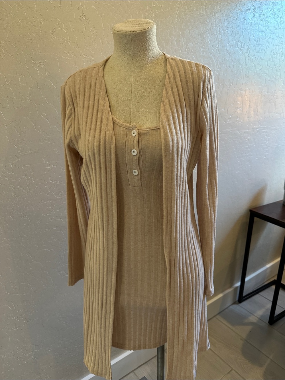 Ribbed Light Weight Long Cardigan & Tank Set in Light Beige - NWOT